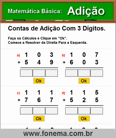 Contas de Adição Com 3 Dígitos