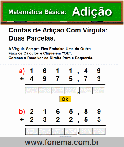 Contas de Adição Com Vírgula e 2 Parcelas