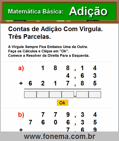 Contas de Adição Com Vírgula e 3 Parcelas.