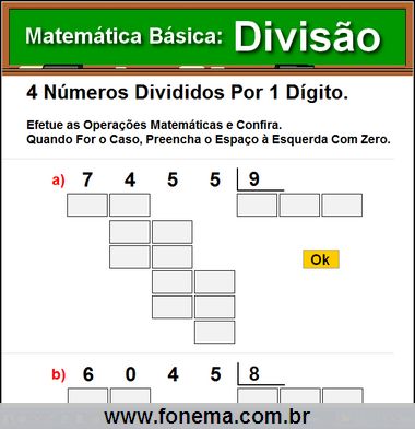 Contas de Divisão Com 4 Números Divididos Por 1 Dígito