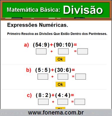 Exercícios Com Expressões Numéricas de Divisão.