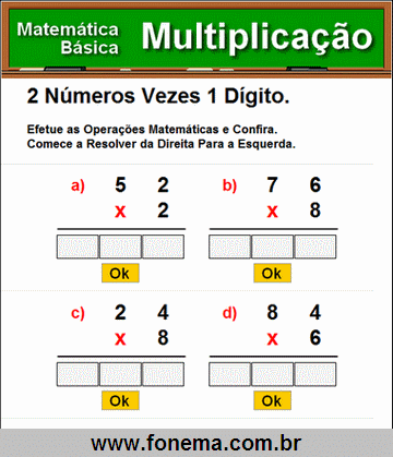 Contas de Multiplicação 2 Números Vezes 1 Dígito