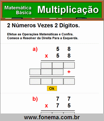 Contas de Multiplicação 2 Números Vezes 2 Dígitos