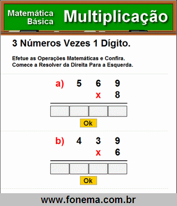 Contas de Multiplicação 3 Números Vezes 1 Dígito