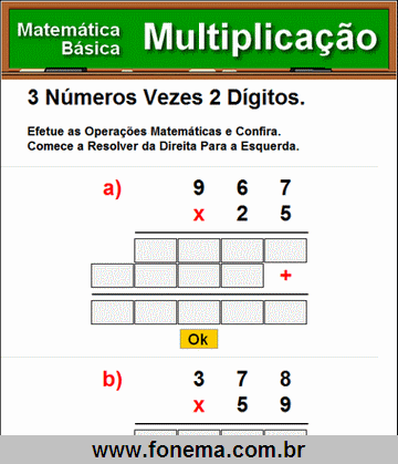 Contas de Multiplicação 3 Números Vezes 2 Dígitos.