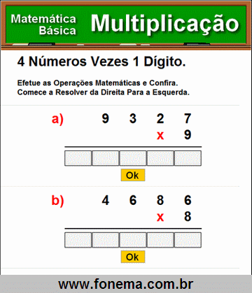 Contas de Multiplicação 4 Números Vezes 1 Dígito