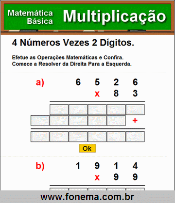 Contas de Multiplicação 4 Números Vezes 2 Dígitos