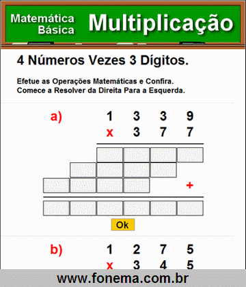 Contas de Multiplicação 4 Números Vezes 3 Dígitos
