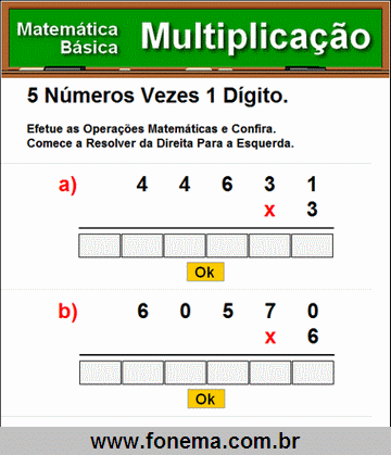 Contas de Multiplicação 5 Números Vezes 1 Dígito