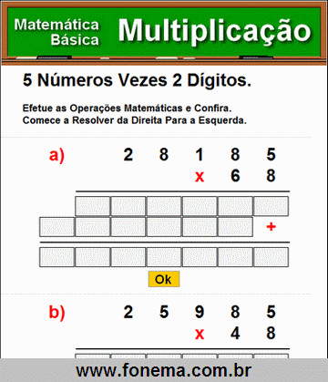Contas de Multiplicação 5 Números Vezes 2 Dígitos