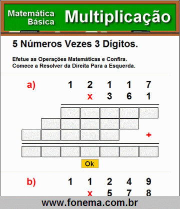 Contas de Multiplicação 5 Números Vezes 3 Dígitos
