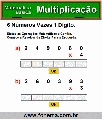 Contas de Multiplicação 6 Números Vezes 1 Dígito