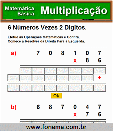 Contas de Multiplicação 6 Números Vezes 2 Dígitos