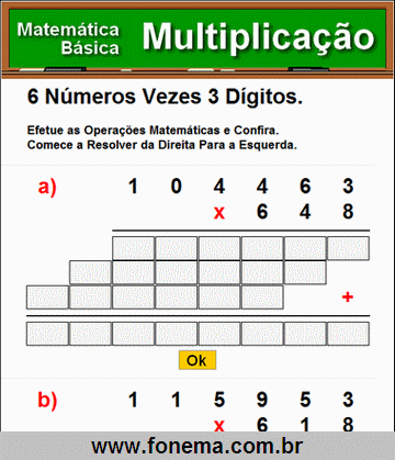 Contas de Multiplicação 6 Números Vezes 3 Dígitos
