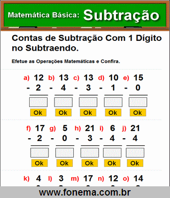 Contas de Subtração Com 1 Dígito