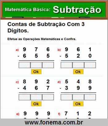 Contas de Subtração Com 3 Dígitos