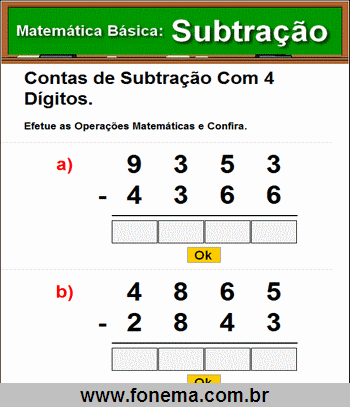 Contas de Subtração Com 4 Dígitos