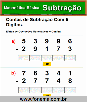 Contas de Subtração Com 5 Dígitos