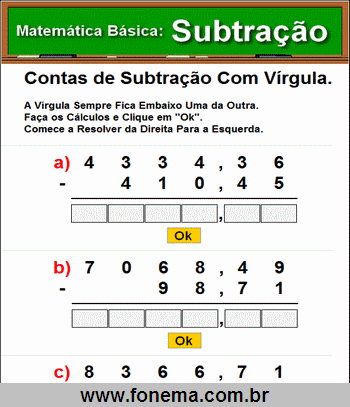 Contas de Subtração Com Vírgula