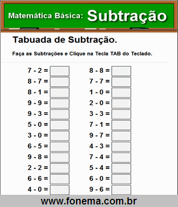 Tabuada de Subtração do 2